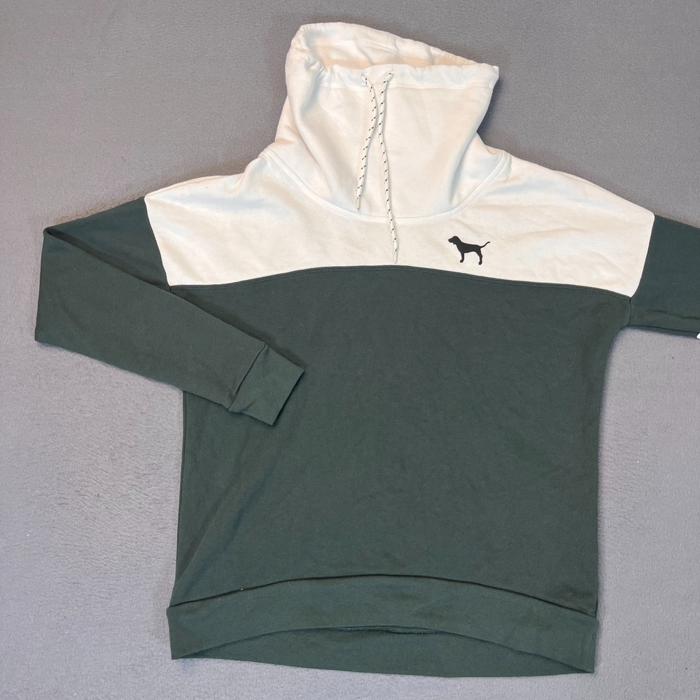 Victoria Secret Pink Women XS Sweatshirt Pullover Colorblock Green Dog Logo Cowl